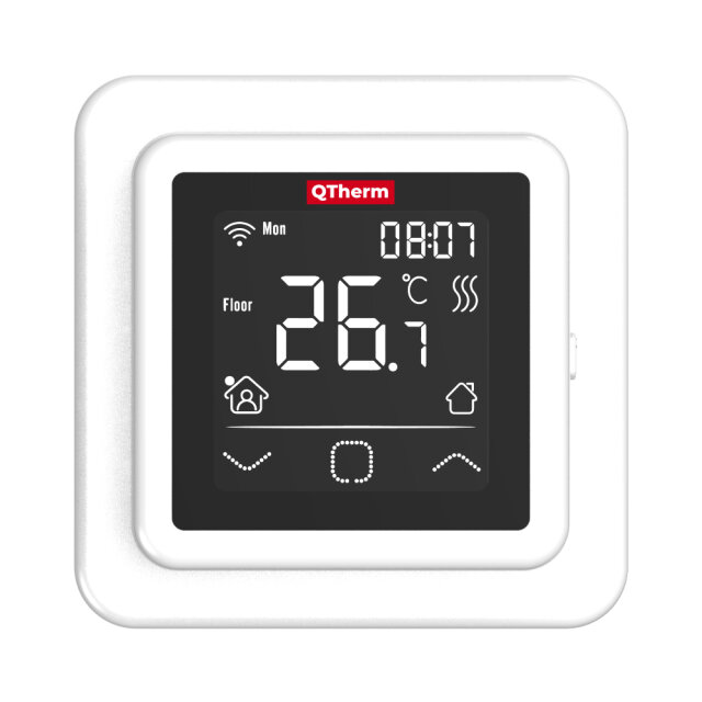 QTherm e-pod WiFi termostat za električno podno grijanje – crni model s LED zaslonom i tjednim programatorom.